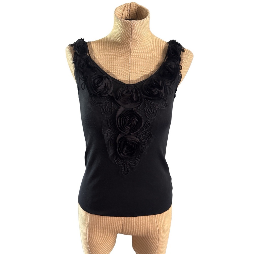 AnM Rosette Tank Top Size Medium Black Blouse Top Rosette Flower Appliqué Dressy